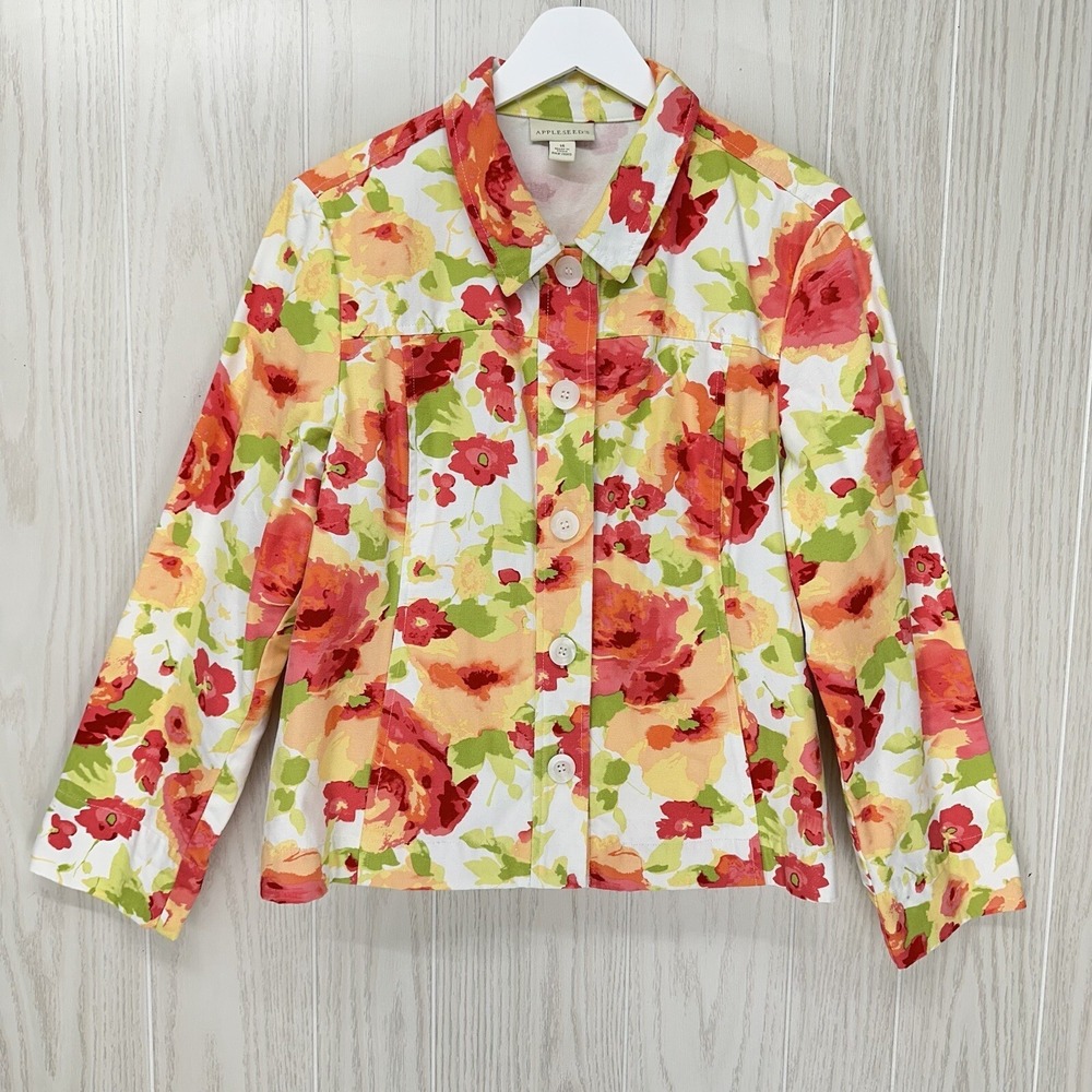 Appleseeds Floral Jacket Womens 14 Pink Peach Button Down Long Sleeve Casual